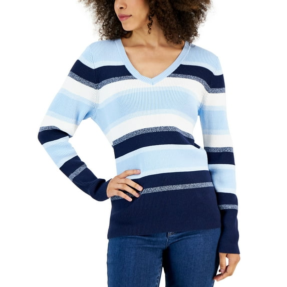 Karen Scott Womens Ribbed V Neck Sweater Crescendo Combo M