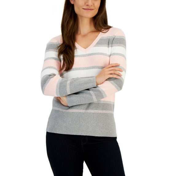 Karen Scott Womens Ribbed V Neck Sweater Soft Pink Combo XL