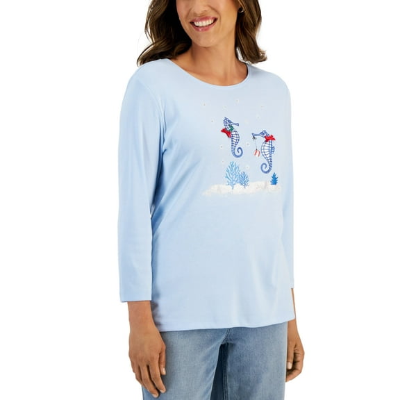 Karen Scott Womens Seahorse Graphic Top Crescendo Blue Seahorse XL