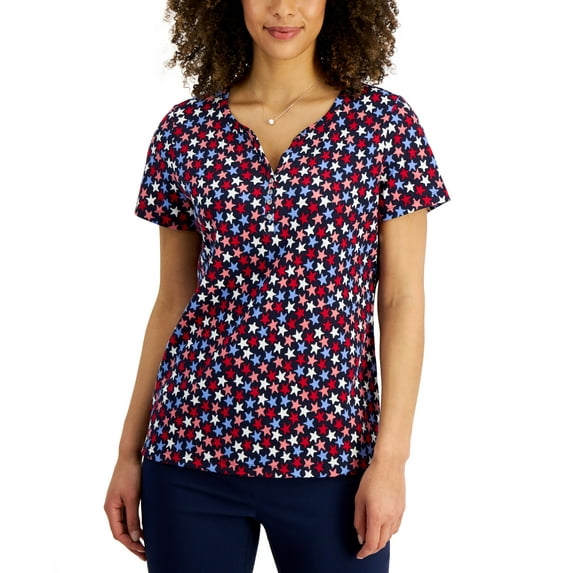 Karen Scott Womens Star Ditsy Henley Top Intrepid Blue L