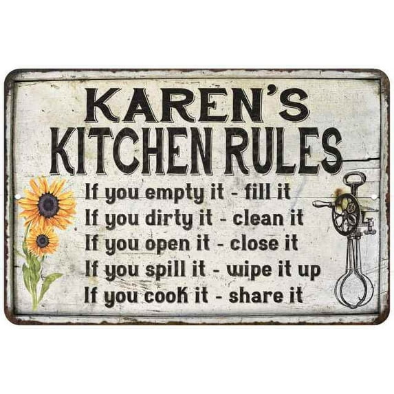 Karen's Kitchen Rules Chic Sign Vintage Decor 8 x 12 High Gloss Metal 208120032016
