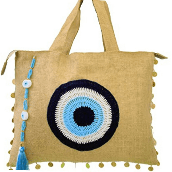 Women Tote Bag Jute Beige Evil Eye Beach Shoulder Bag