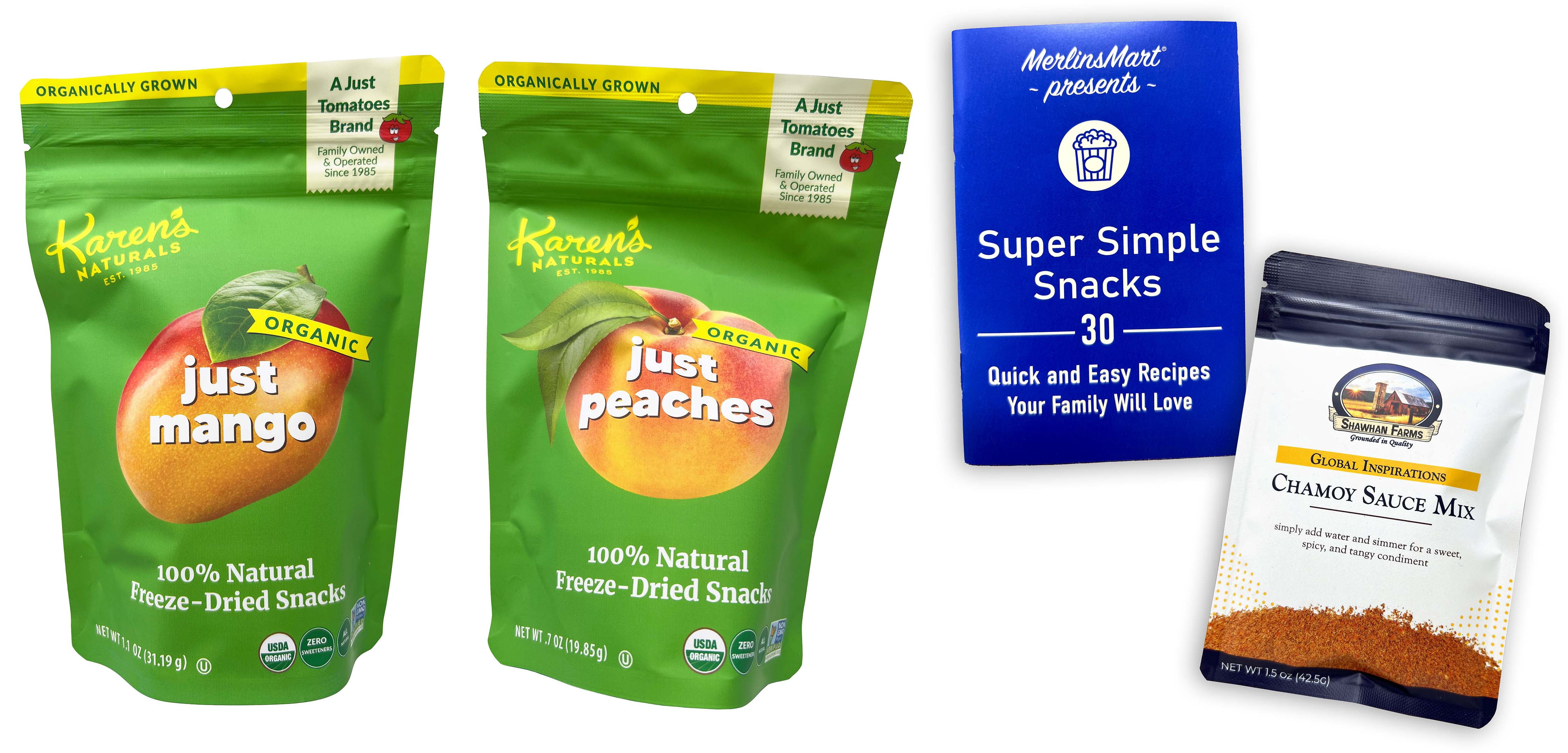 Karen's Naturals Dried Fruit - 2 Flavor; 1 Each: Mango, Peach | Shawhan Farms Chamoy Mix & Merlinsmart Zine