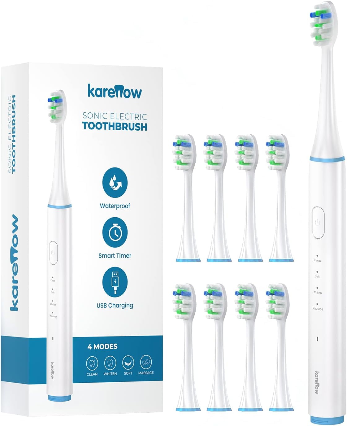 Karenow Electric Toothbrush, 8 Brush Heads, 4 Modes, One Charge for 60 Days, 40000 VPM Rechargeable Power Toothbrush, IPX7 Waterproof Electric Toothbrush for Adults