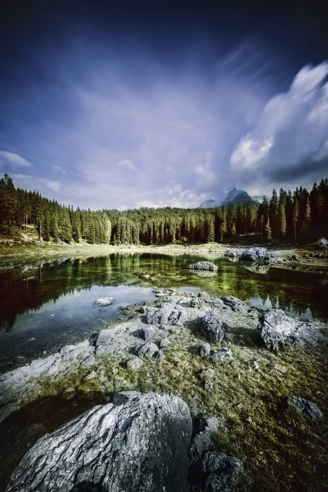 Karersee Lake and Dolomite Alps in the morning Northern Italy Canvas Art - Evgeny KuklevStocktrek Images (12 x 17)