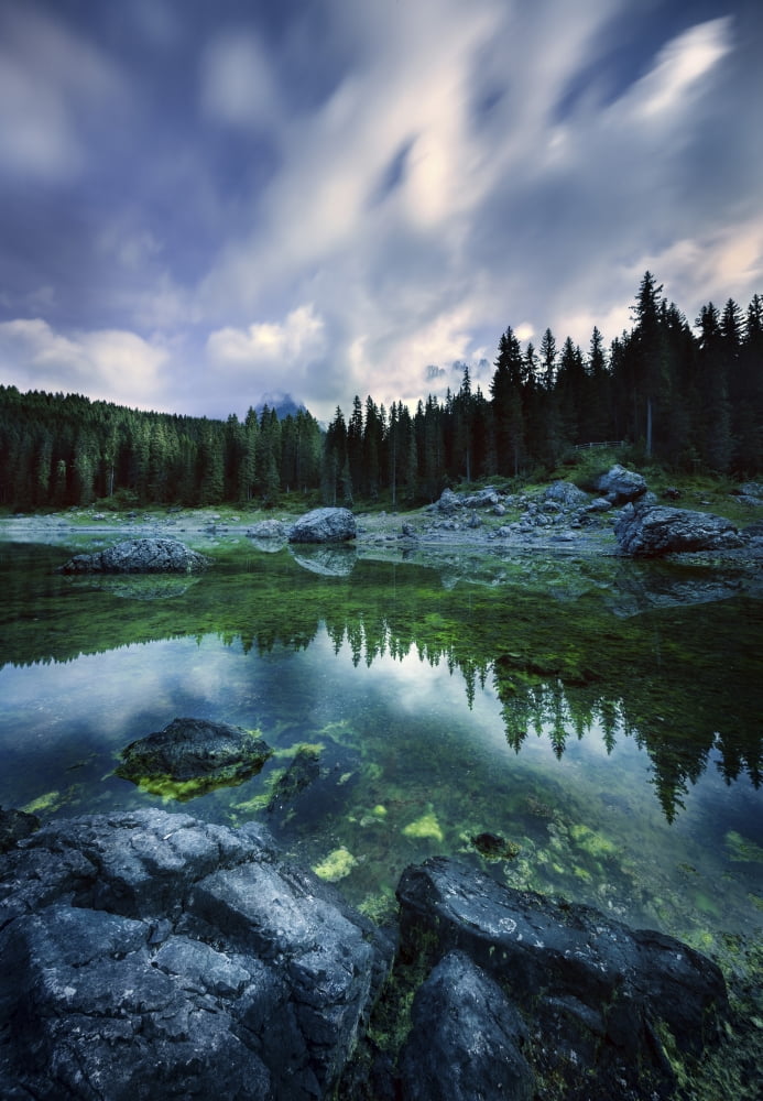 Karersee Lake and Dolomite Alps in the morning Northern Italy Canvas Art - Evgeny KuklevStocktrek Images (12 x 17)