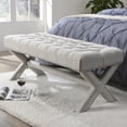 thumbnail image 1 of Kari Cream White Linen Bench - Button Tufted, Silver Nailhead Trim, X-Legs, 1 of 7