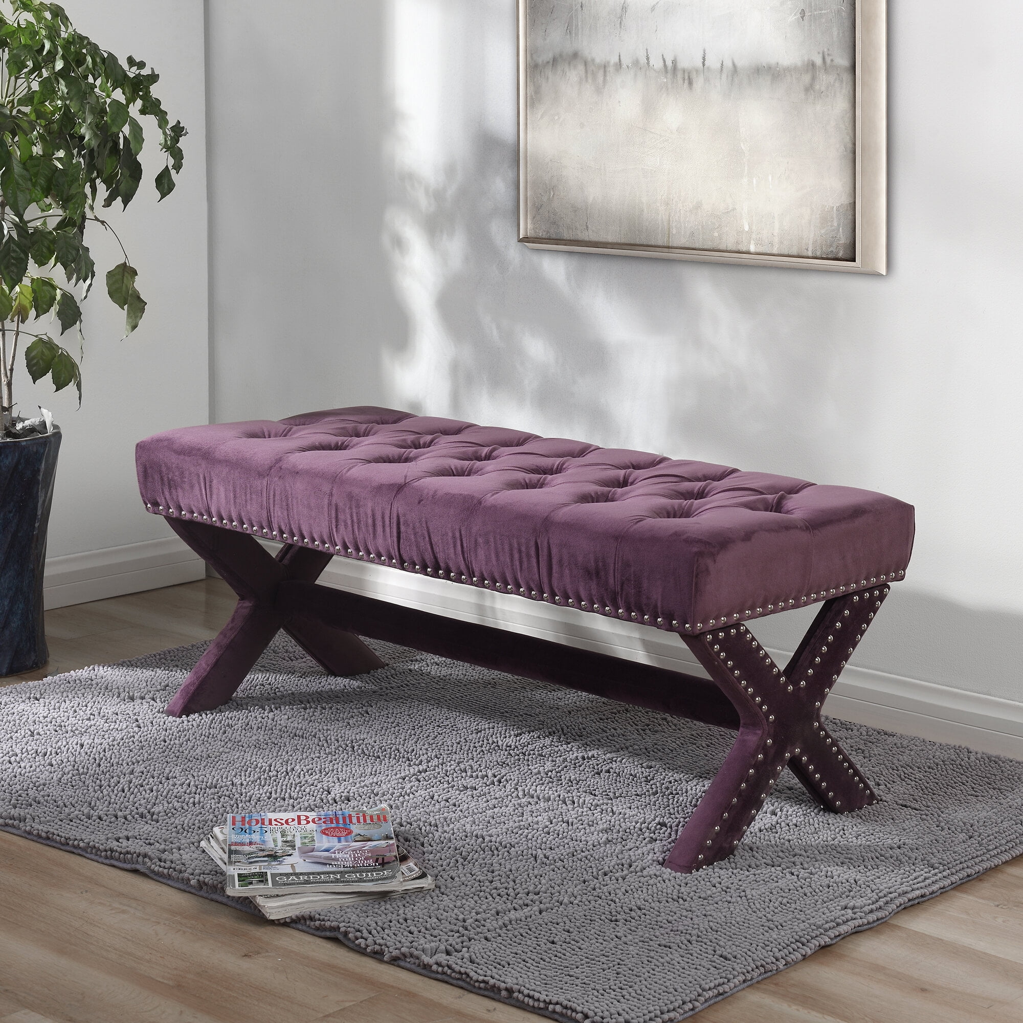 Plum Velvet Button Tufted Bench with Silver Nailhead Trim