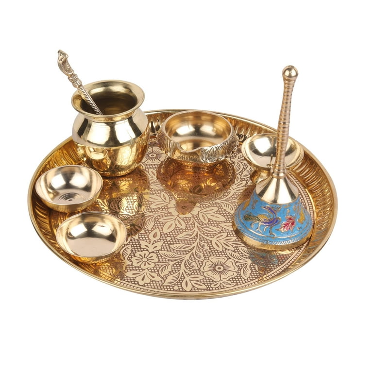 Karigar Creations Traditional Handcrafted Brass Pital Puja Thali Aarti  Bartan Plate Set Of 8 Piece For Mandir Pooja Room Home Temple 9 Inch Round  Gold 