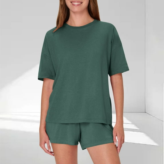 Karight 2 Piece Outfits Women Casual Soft Loungewear Short Sleeve Drop Shoulder Tops with Shorts Pj Sets Sleepwear Suits