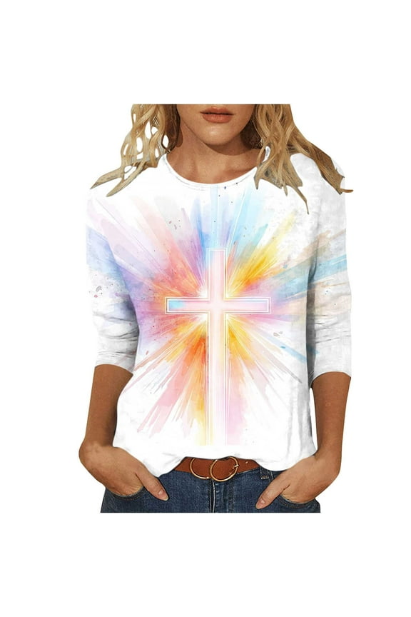 2026 Easter Shirts for Women Funny Bunny Egg Graphic Tees Cute Festival Outfits 3/4 Sleeve Tops T-Shirt Gifts