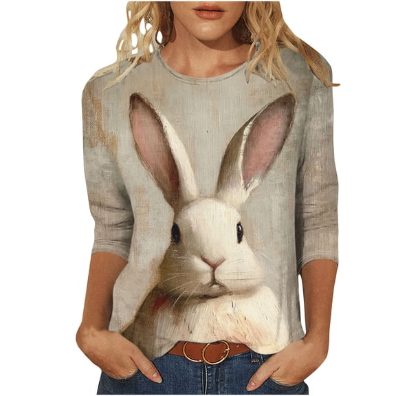 Karight 2026 Easter Shirts for Women Funny Bunny Egg Graphic Tees Cute Festival Outfits 3/4 Sleeve Tops T-Shirt Gifts