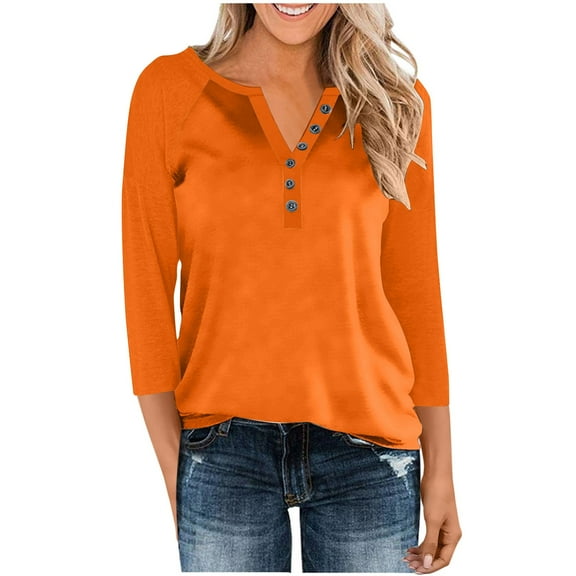 Karight 3/4 Length Sleeve Womens Tops Cotton Dressy Button V Neck Henley Shirt Casual Raglan Shirts Color Block Tunic Blouses