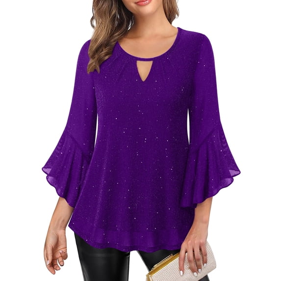 Karight 3/4 Length Sleeve Womens Tops Sparkly Round Neck Rhinestone Blouse Elegant Keyholr Ruffle Hem Wedding Party Shirts