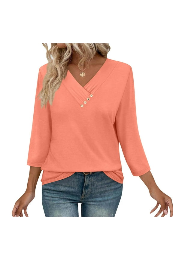 3/4 Sleeve Wrap V Neck Tops for Women Solid Color Basic Tunic Tee Shirts Summer Casual Dressy Work Blouses for Ladies