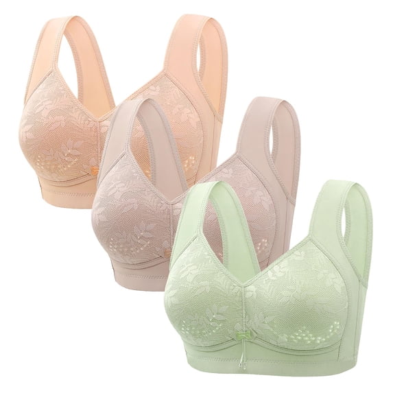 Karight 3 Pack Women's Solid Four-Breasted Adjustable Wireless Bra,Soft Comfortable Seamless Full Coverage Ribbed Bralettes Push-Up Bra