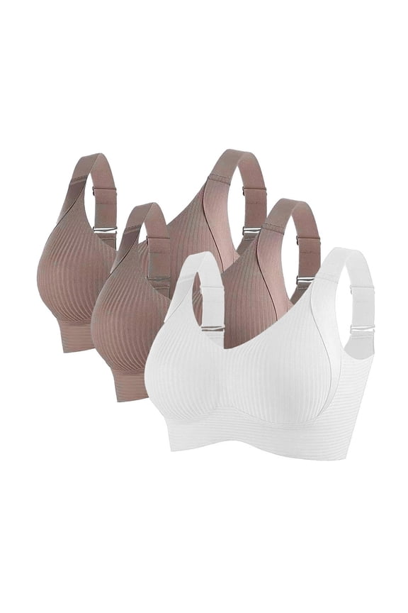 3 Pack Women's Solid Four-Breasted Adjustable Wireless Bra,Soft Comfortable Seamless Full Coverage Ribbed Bralettes Push-Up Bra