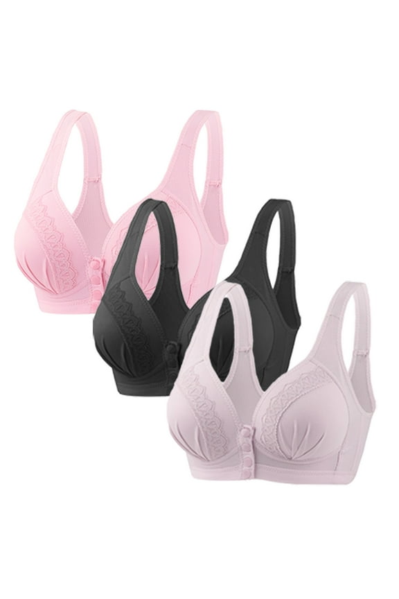 3 Pack Women's Solid Four-Breasted Adjustable Wireless Bra,Soft Comfortable Seamless Full Coverage Ribbed Bralettes Push-Up Bra