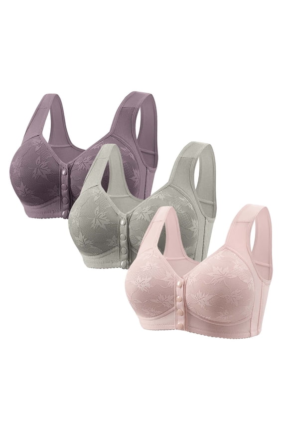 3 Pack Women's Solid Four-Breasted Adjustable Wireless Bra,Soft Comfortable Seamless Full Coverage Ribbed Bralettes Push-Up Bra