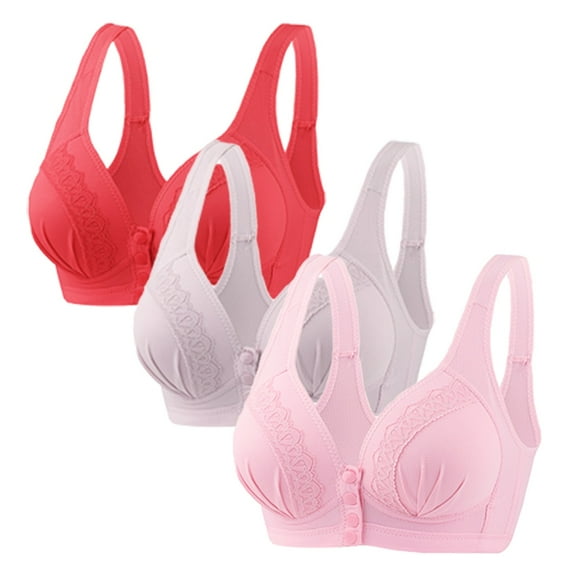Karight 3 Pack Women's Solid Four-Breasted Adjustable Wireless Bra,Soft Comfortable Seamless Full Coverage Ribbed Bralettes Push-Up Bra