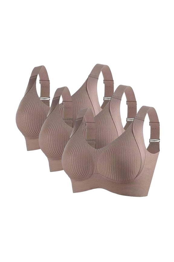 3 Pack Women's Solid Four-Breasted Adjustable Wireless Bra,Soft Comfortable Seamless Full Coverage Ribbed Bralettes Push-Up Bra
