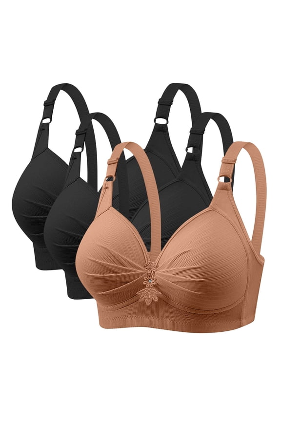 3 Pack Women's Solid Four-Breasted Adjustable Wireless Bra,Soft Comfortable Seamless Full Coverage Ribbed Bralettes Push-Up Bra