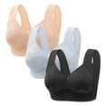 thumbnail image 1 of Karight 3 Pack Women's Solid Four-Breasted Adjustable Wireless Bra,Soft Comfortable Seamless Full Coverage Ribbed Bralettes Push-Up Bra, 1 of 2