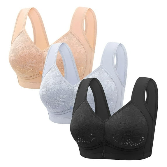 Karight 3 Pack Women's Solid Four-Breasted Adjustable Wireless Bra,Soft Comfortable Seamless Full Coverage Ribbed Bralettes Push-Up Bra