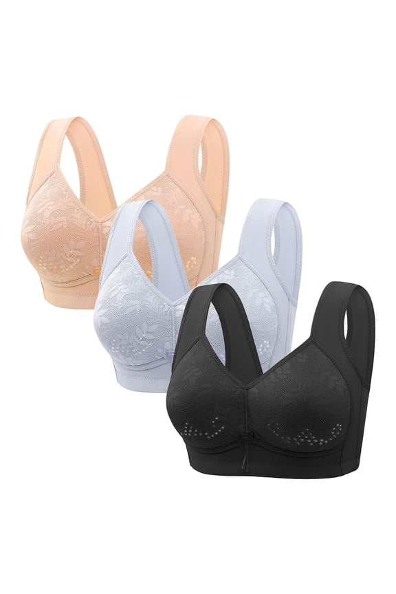 3 Pack Women's Solid Four-Breasted Adjustable Wireless Bra,Soft Comfortable Seamless Full Coverage Ribbed Bralettes Push-Up Bra