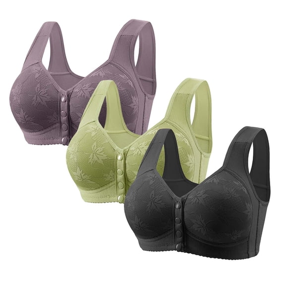 Karight 3 Pack Women's Solid Four-Breasted Adjustable Wireless Bra,Soft Comfortable Seamless Full Coverage Ribbed Bralettes Push-Up Bra