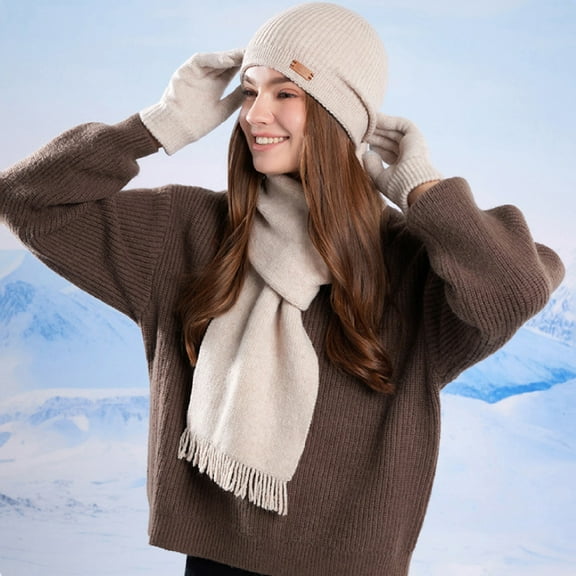 Karight 3 Pcs Winter Beanie Hat Scarf Gloves Set Warm Winter Knit Hats with Pom Long Scarf Touchscreen Gloves for Women Men