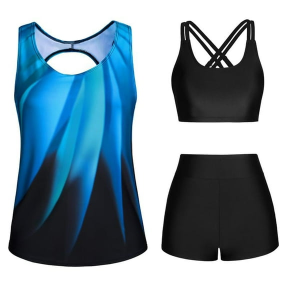 Karight 3 Piece Tankini Swimsuits for Women Tummy Control Plus Size Bathing Suit with Boy Shorts Tank Top and Sports Bra