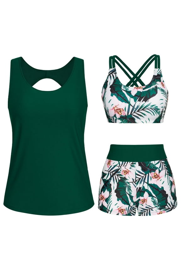 3 Piece Tankini Swimsuits for Women Tummy Control Plus Size Bathing Suit with Boy Shorts Tank Top and Sports Bra