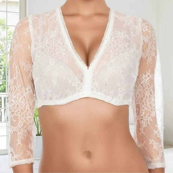 Karight /4 Sleeve Lace Crop Top for Women Deep Vneck Slim Fit Short Shirt Mesh Clunwear Party Dressy Blouses