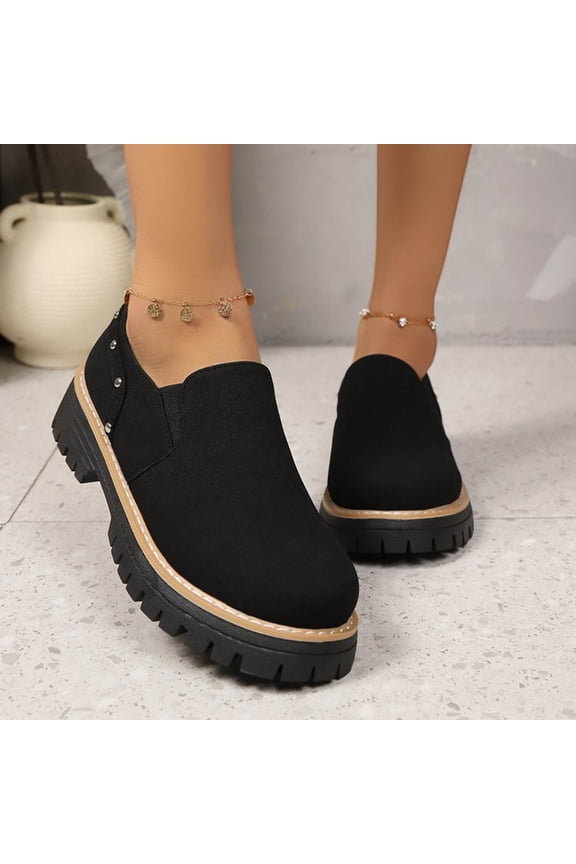 Ankle Boots for Women Loafers Solid Color Round Toe Shallow Mouth Flat Thick Bottom Thick Heel Shoes Four-Season