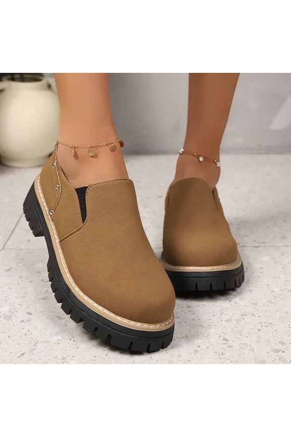 Ankle Boots for Women Loafers Solid Color Round Toe Shallow Mouth Flat Thick Bottom Thick Heel Shoes Four-Season
