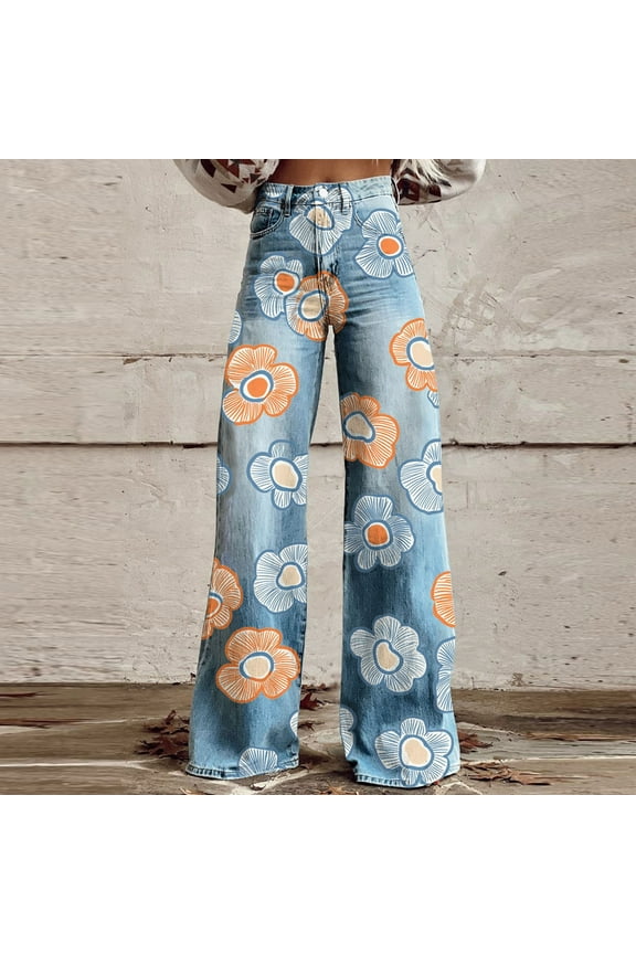 Bell Bottom Floral Patterned Imitation Jeans,High Waisted Wide Leg Flare Stretchy Plus Size Jeans for Curvy Women 2025