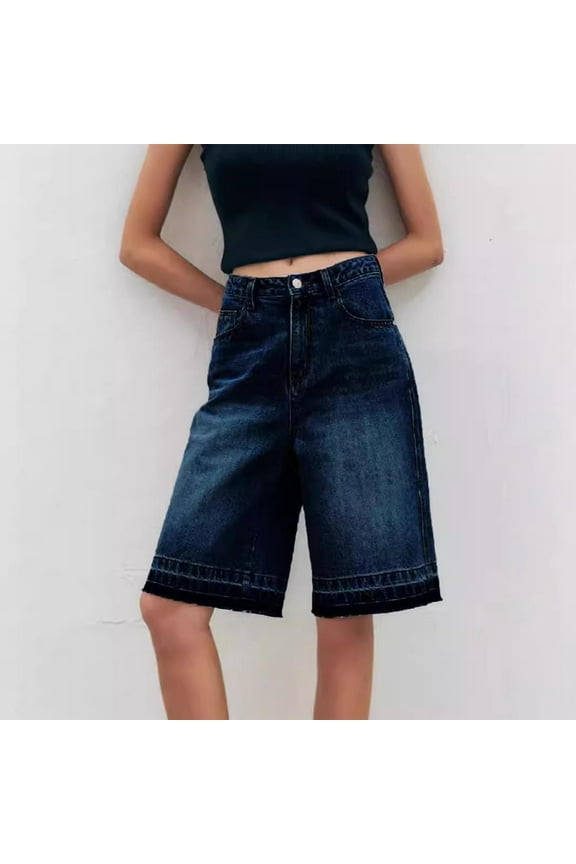 Bermuda Jorts Baggy Jean Shorts - Casual Loose Fit Wide Leg Knee Length Denim Shorts with Elastic Waist