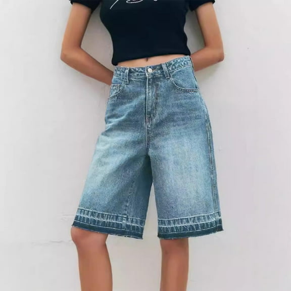 Karight Bermuda Jorts Baggy Jean Shorts - Casual Loose Fit Wide Leg Knee Length Denim Shorts with Elastic Waist