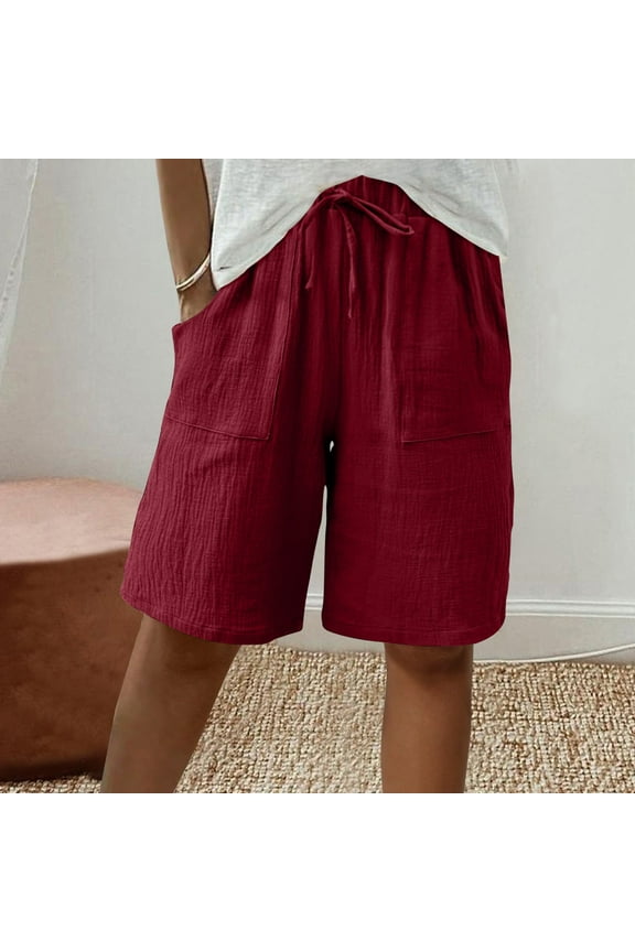 Bermuda Shorts for Women Knee Length Cotton Linen Wide Leg Gauze High Waisted Casual Vacation Short Pant with Pocket