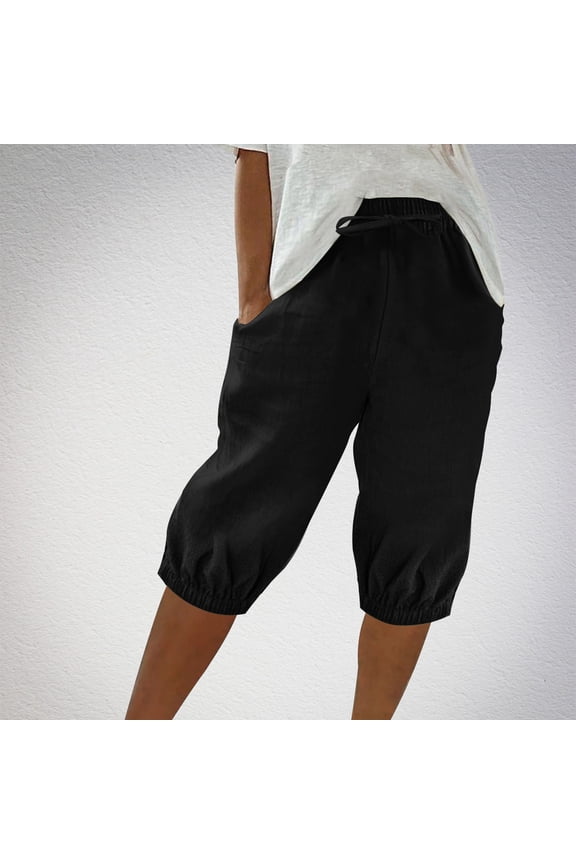 Bermuda Shorts for Women Summer Knee Length Cotton Linen Shorts Casual Cozy Drawstring Waist Capri Pants with Pockets Black