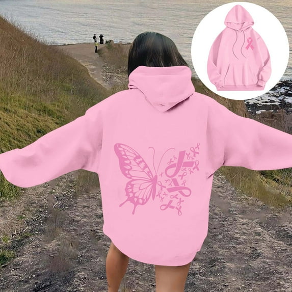 Karight Breast Cancer Awareness Hope Pink Ribbon Support Brave Fight Front and Back Hoodie Sweatshirt