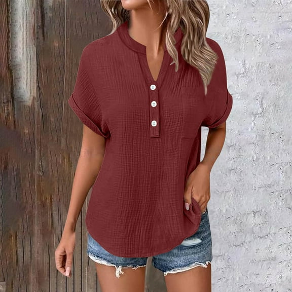 Karight Button Down Shirts for Women Short Sleeve Shirt Summer Wrinkled V Neck Tshirt Tops Home Beach Blouses with Pocket