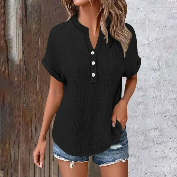 Karight Button Down Shirts for Women Short Sleeve Shirt Summer Wrinkled V Neck Tshirt Tops Home Beach Blouses with Pocket