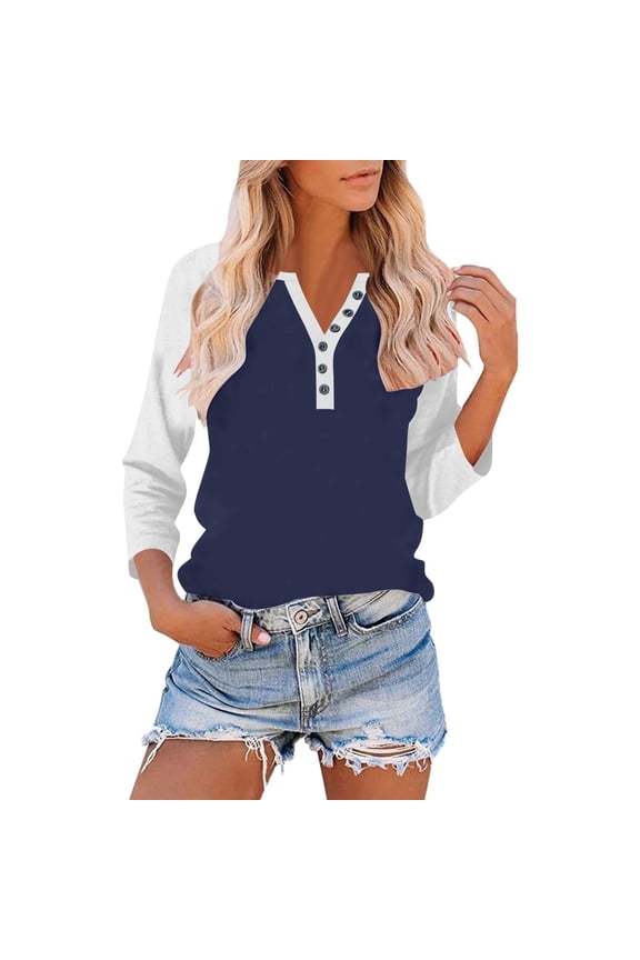 Button Up Shirt Women Fashion Color Block Tunic Tees Basic V Neck Raglan 3/4 Sleeve Tops Casual Loose Workout Blouses