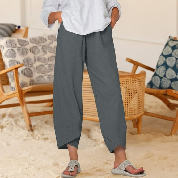 Karight Capri Pants for Women Summer High Elastic Waist Wide Leg Trousers Beach Vacation Fashion Pant with Pockets