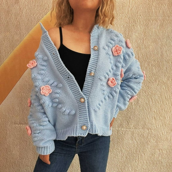 Karight Cardigan Sweater for Women, Long Sleeve V-Neck Button Knit Flower Outfit