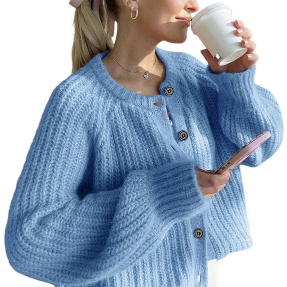 Karight Cardigan Sweaters for Women Chunky Knit Cardigans Crew Neck Long Sleeve Button Sweater Soft Loose Cropped Sweater