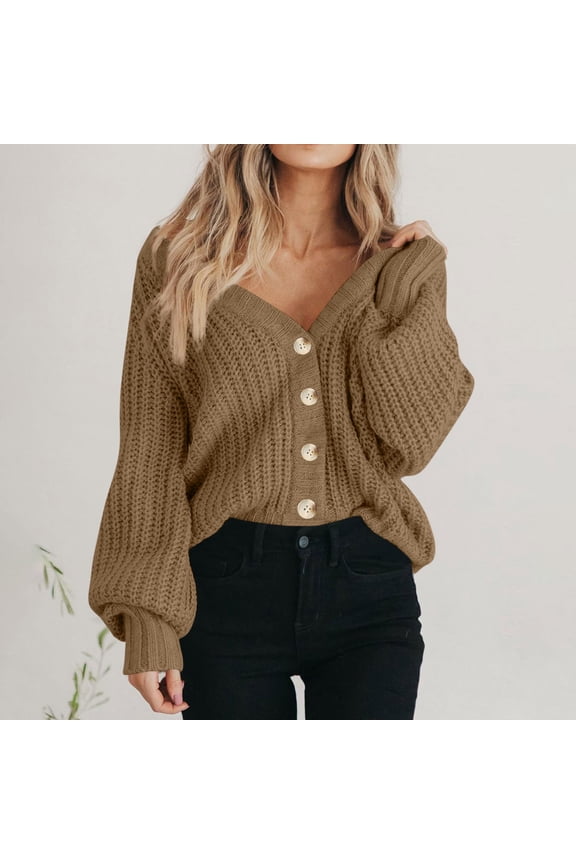 Cardigan Sweaters for Women Lightweight Open Front Chunky Knit Long Sleeve V Neck Button Loose Cropped Cardigan