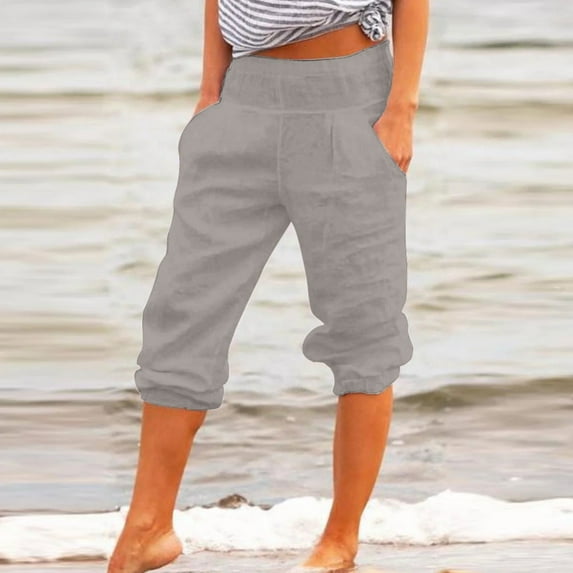 Karight Cargo Capri Pants for Women High Waisted Relaxed Fit Elastic Knit Waist Casual Capris Trousers Cropped Pants Gray